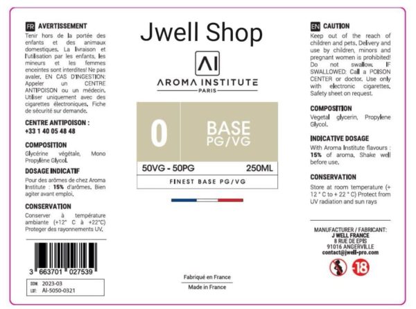 Aroma Institute - Base - 50 VG - 250ML JWELL SHOP TOURS